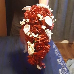 Wedding boquet silk cascading burgundy roses